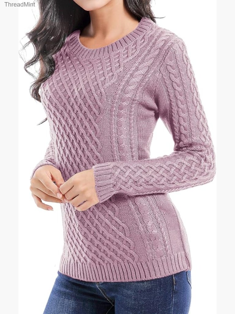Women Crew Neck Cable Knit Long Sleeve Pullover Sweater Stretch